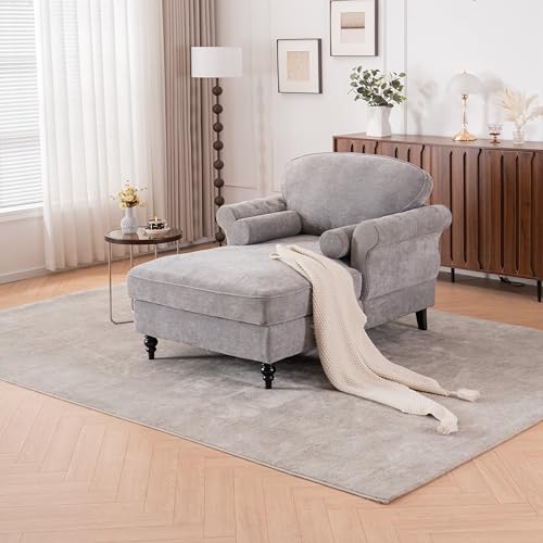 GDFStudio Chenille Recliner Sofa Chair with Curved Armrests,Single Seat Upholstered Lounge Chair with Pocket Springs & High-Density Foam,Sturdy Wood Frame,Removable Cushions,Living Room,Light Gray