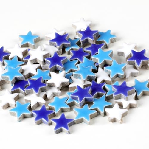 170g Ceramic Mosaic Tiles Pieces, Heart Star Oval Round Flower Shape Mosaics for Crafts Bulk,Student Adults Mosaic Kits Making (Star（Blue）)