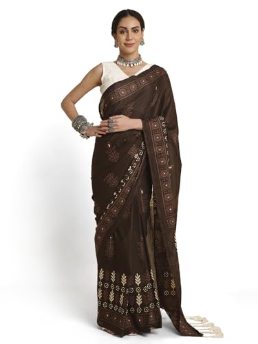 Image of RATAN Women's Ready to Wear Cotton Saree One Minute Pre Pleated & Pre Stitched | Easy Drape Saree with Elastic Waist | Quick Wear Saree with Unstitched Blouse Piece