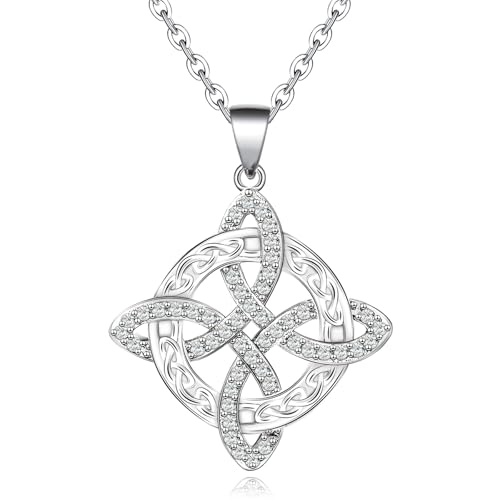 Witches Knot Necklace S925 Sterling Silver Cubic Zirconia Vintage Irish Celtic Witch Knot Pendant Necklace Witchy Nudo de Bruja Plata Irish Wiccan Jewelry Gift for Women Men Christmas Birthday