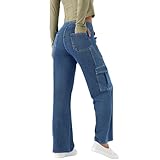 Women’s Pull-On Cargo Jeans - Mid Rise Wide Leg, Soft Stretch Denim, Comfort Fit with Pockets(Blue Medium)