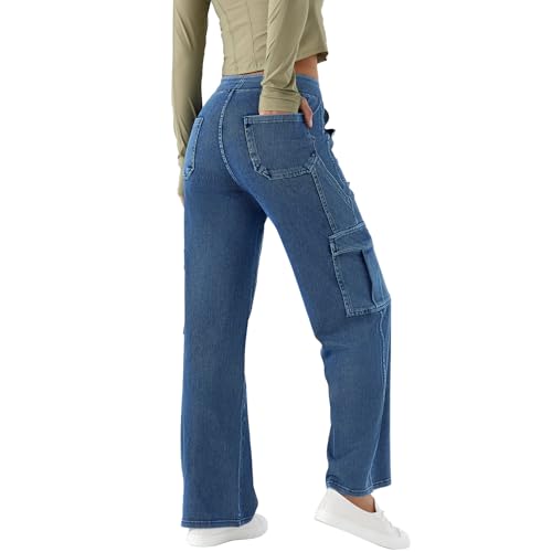 Women’s Pull-On Cargo Jeans - Mid Rise Wide Leg, Soft Stretch Denim, Comfort Fit with Pockets