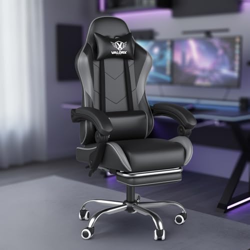 Image of ValorX USA Vector 2026 Edition I Ergonomic Gaming & Computer Chair in PU Leather | Dual Massager Back Cushion | Adjustable Neck & Lumbar Support | Ergo-Sync Armrests | Retractable Footrest (Grey)