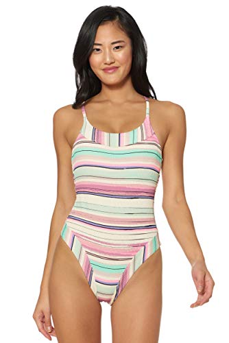 Jessica Simpson Women's One Piece Swimsuit Bathing Suit, Pink Stripe, L