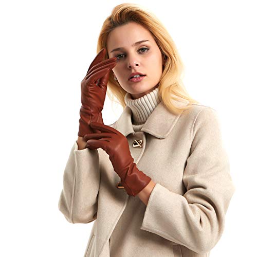 Harssidanzar Women's Leather Winter Gloves,Genuine Lambskin Leather Lined Cashmere Warm Driving Gloves For Women Gl006, Cognac,Size M #TOP3