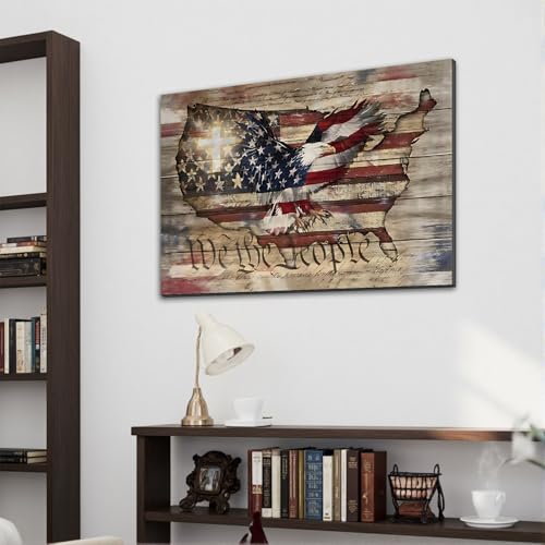 Image of Framed We The People Bald Eagle USA Map Wall Art, Patriotic American Flag Canvas Art Pictures, Patriotic Wall Decor for Office Living Room Man Cave, Ready to Hang Made in USA