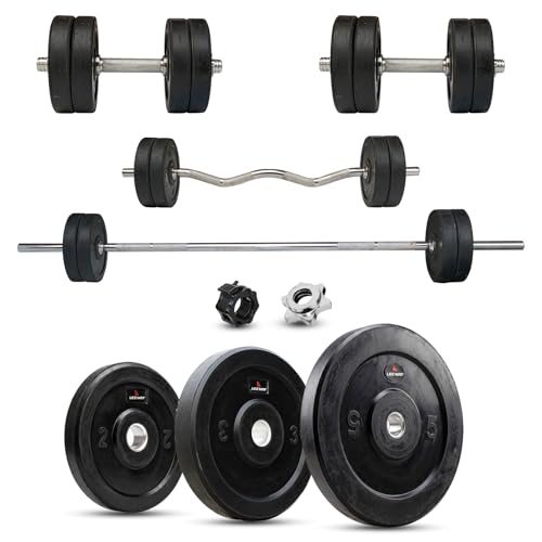 Image of Leeway 40kg Combo | Home Gym Set for Men | Barbell Rod with Plates and Dumbbell Set | Rubber Weight Plates, 3 Ft Curl + 5 Ft Rod (28mm) | Gym Equipments Zym, Jim ka Saman (1, Black, 40kg Set (2X4+3X4+5X4))