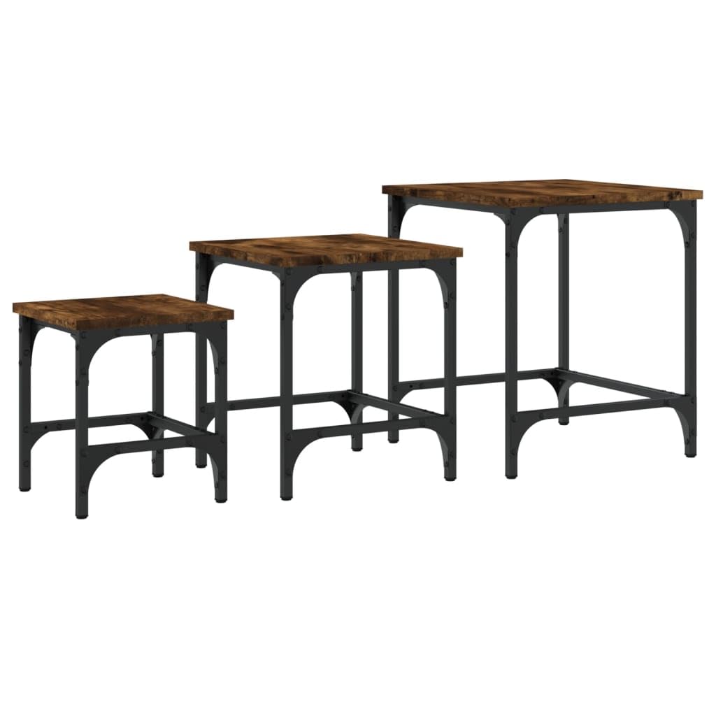 Mesa de reunión, 3 piezas, material de madera ahumada, juego de mesa de café de diseño industrial, mesas auxiliares estables para sala de estar, dormitorio, oficina, ahorro de espacio