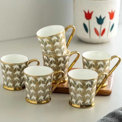 Image of Clay Craft Fine Ceramic Tea Cups Set of 6| 180 Ml Gold Print Cups with Handle | Elegant Design for Tea| Coffee| Home| Office & Gifting