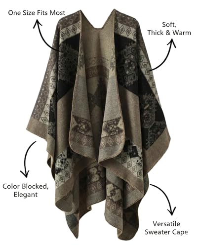 Image of Bestshe Women's Boho Open Front Poncho Plaid Shawl Wrap Cape | Tassel Cardigan Sweater, Cozy Layering, Fall Winter Clothes for Women