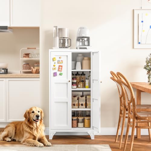 Image of Yizosh Metal Storage Cabinet with Doors and 3 Adjustable Shelves - 47 inch White Kitchen Pantry Storage Cabinet Locker for Kitchen,Living Room,Dining Room