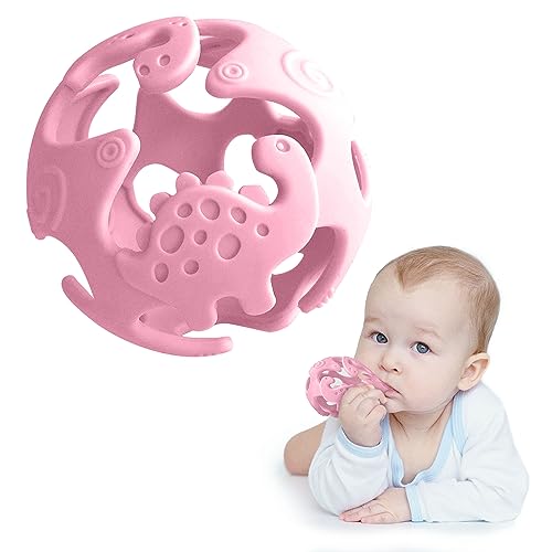 Image of Dino Baby Teething Toys, Food-Grade Silicone Teethers for Babies 0-18 Months, Textured Sensory Balls Teething Toy, Soft and Safe Sensory Chew Toys for Teething Baby, Easy to Clean, Pink - Ashtonbee