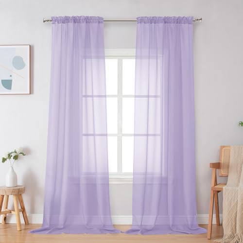 Image of Simplebrand Lavender Sheer Curtains 96 Inches Long, Light Filtering Light Purple Rod Pocket Solid Color Window Sheer Curtain Panels, Elegant Curtains & Drapes for Living Room, Bedroom 2 Panels, 42 inch W