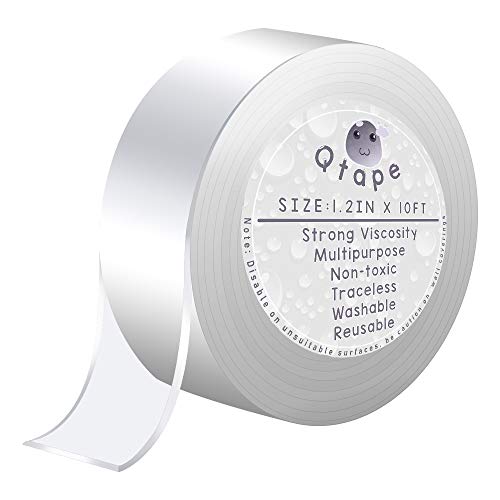 Traceless Washable Adhesive Wall Tape, QTape, Transparent Double Sided Adhesive Mounting Tape, Anti-Slip Nano Gel Grip Tape for Kitchen, Car, Office(1.2INX10FT)