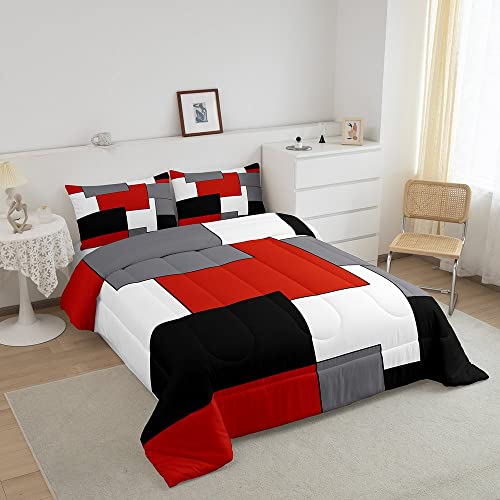 Erosebridal Red Grey White Black Bedding Set,Teens Geometric Square Comforter Set Queen,Youth Stripes Lines Quilted Duvet Warm Kids Boys Girls Modern Abstract Grid Down Comforter With 2 Pillowcases #TOP1
