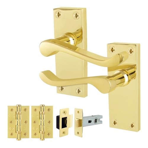 EAI Brass Victorian Scroll Latch Handle Set, 1 Pair Polished Brass Internal Lever Door Handles on Backplate, Latch 64mm, Hinges