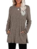 Womens Fall Tops 2025 Casual Crewneck Sweaters Pullover Long Tunic Shirts to Wear with Leggings Side Split Khaki S