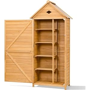 GOPLUS Tuinhuis, hout, 80 x 45 x 176 cm, weerbestendig, gereedschapsschuur met zadeldak, 5 planken en slot, tuinkast voor terras en balkon, voor de opslag van tuingereedschap