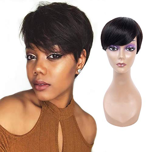 ALI RAIN Short Wigs For Black Women 100% Human Hair Short Black Wig Virgin Hair 130% Density Density Pre Plucked with Baby Hair (Short Wig, Natural Color)