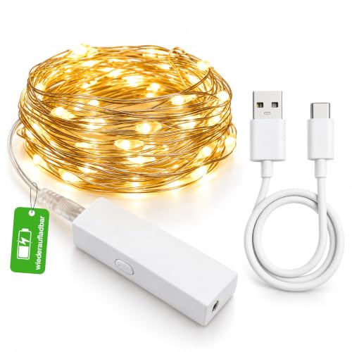 Auting Mini cadena de luces con batería recargable, 5 m, 50 ledes, 1 unidad