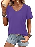 ATHMILE Womens V Neck Short Sleeve Summer T Shirts Curved Hem Plain Top Beach Purple