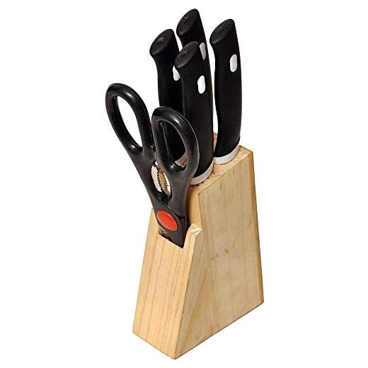 SHOPPERSKY Wood Kitchen Knife Set with Wooden Block and Scissors, Knife Set for Kitchen with Stand, Knife Set for Kitchen use, Knife Holder for Kitchen with Knife 5-Pieces (Black)