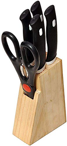 SHOPPERWORLD Wood Kitchen Knife Set with Wooden Block and Scissors, Knife Set for Kitchen with Stand, Knife Set for Kitchen use, Knife Holder for Kitchen with Knife 5-Pieces (Black)