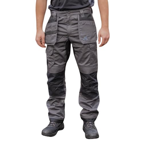 Xpert - Core Stretch Work Trousers Mens. Modern Fit Combat Cargo Pants Holster Work Trousers with Stretch Panels and Knee Pad Pockets (38W / 29L) Grey/Black