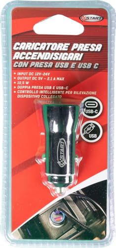Start Caricatore Presa Accendisigari Auto Nero, Usb E USB-C, Output Dc 5 V - 2.1 Max, Controllo Intelligente - 2