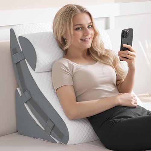 Kohentact - Orthopedic Bed Wedge Pillow Set Memory Foam Infinitely Adjustable Angles Triangle Pillow for Leg Knee Support Sleep Apnea Back Pain Relief Acid Reflux Snoring Sitting Up Rest Post Surgery Recovery
