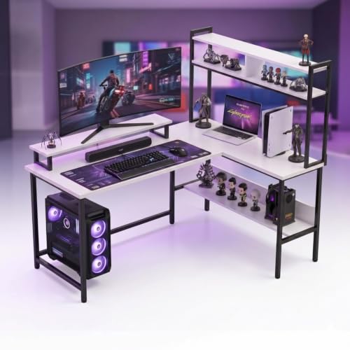 Image of TEKAVO Tonny L Shape Table for Home Office, Computer Table for Home Pc, L Shaped Office Table, Gaming Work Desk | with Book Shelf + Monitor Riser, White Wood, Metal (124 x 48 x 75 Cm) | DIY