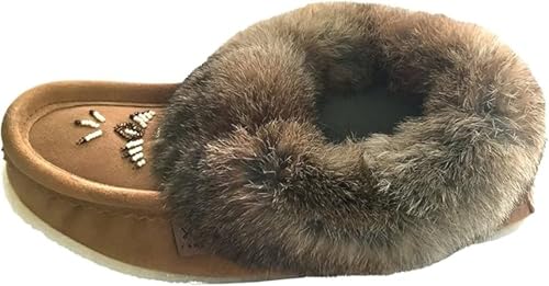 Laurentian Chief Moccasin Slippers for Women – Ladies Durable Slippers with Real Rabbit Fur Trim and Thick Fleece Lining – Canada Quality Beaded Style Warmie Shoes for Indoor & Outdoor Use2