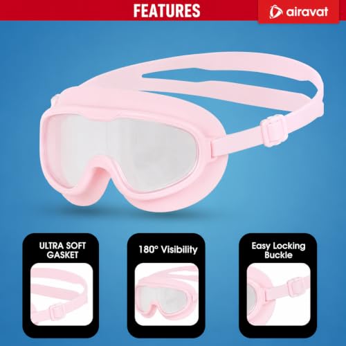 Image of AIRAVAT Macho swimming goggles for Kids Children Teens, polycarbonate goggles, Anti-Fog, Anti-UV, Wide View Swimming Goggles, Free size (Pink)