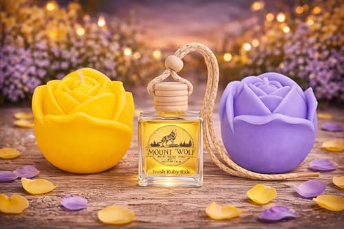 Image of Scented Rose Candle Combo Pack - 2 Rose-Shaped Candles + Hanging Car Diffuser | Decorative Aromatic Candles for Home, Car & Gifting | 4 Hour Burn | Yellow & Purple