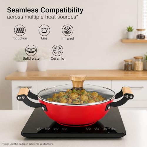 Image of Prestige Castlite Enamel Coated Cast Iron Kadai 24cm / 2.3L with Glass Lid | Lightweight, High Heat Retention | Gas & Induction Compatible | Low-Oil Cooking | Wooden Handles | Easy Clean |15Y Warranty
