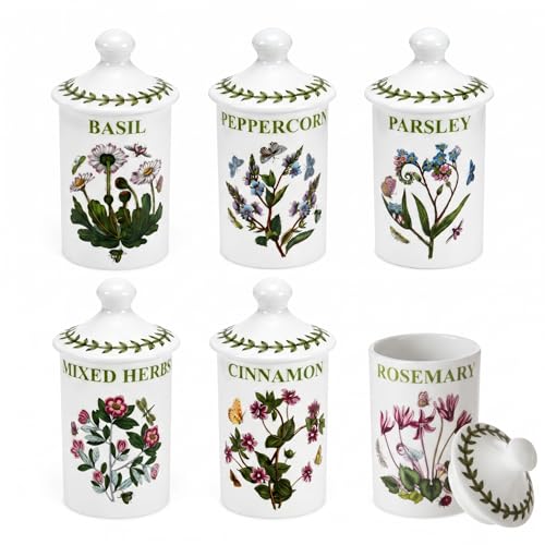 Portmeirion Botanic Garden 4.5-Inch Spice Jars (Set of 6) - Decorative Spice Jar Set with Spice Labels & Assorted Floral Motifs, Airtight Porcelain Containers - Elegant Kitchen Décor