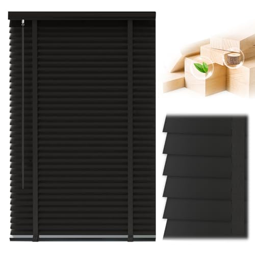 2" Cordless Real Wood Blinds for Indoor Windows: Room Darkening Horizontal Solid Wooden Shutters,Custom Size for Bedroom, Kitchen,Bathroom Windows Black