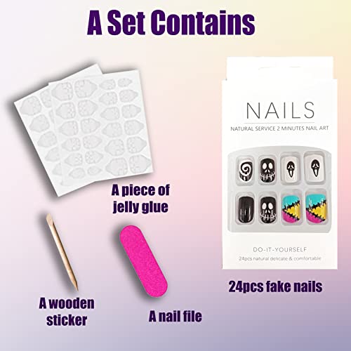 Qingge Halloween Press On Nails Short Length Square Horror Fake Nails With Skull Black Swirl Design Cool Glossy Acrylic Nails Stick On Nails Tips Glue On Nails False Nails For Women 24Pcs #TOP1