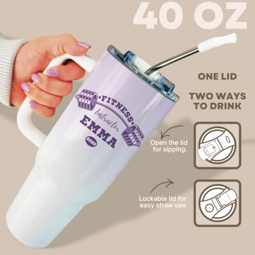 Custom Fitness Instructor 40oz Tumbler with Handle, Personalized Cute Barbell Travel Mug, Gym Cup Name Year - Violet - Zumba Dance Aerobics Class Leader Female Health Wellness Advocate Present - Image 7