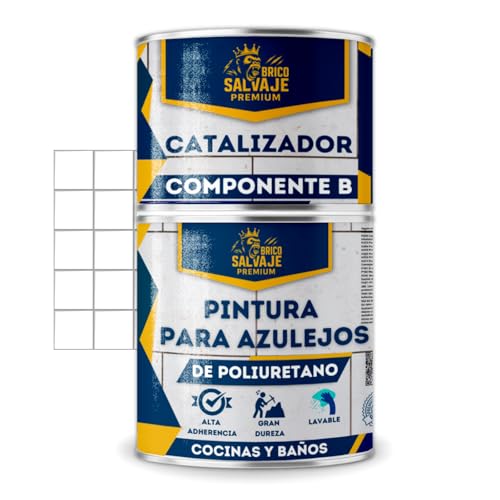 BRICOSALVAJE Pintura para Azulejos de Baño y Cocina Mate 2 Componentes Poliuretano 600+150 Alta Adherencia y Dureza Renueva Paredes Interiores y Zonas Húmedas Sin Obras (Algodón)