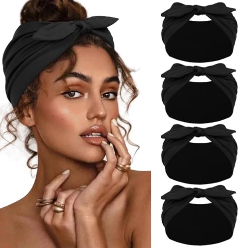 Huachi 4 Packs Bow Headbands for Women Wide Head Bands for Womens Hair Non Slip Soft Elastic Hair Bands Headband African Thick Workout Gym Turban Bandanas Head Wraps Hair Accessories (Black)