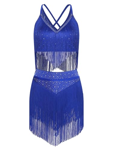 Sinleey Kleid Damen Latein Tanzkleid Strass Tanzkleidung Tanzkostüm Tanz Samba Rumba Tango Outfit mit Fransen Strass Oberteil und Rock A Blau XL
