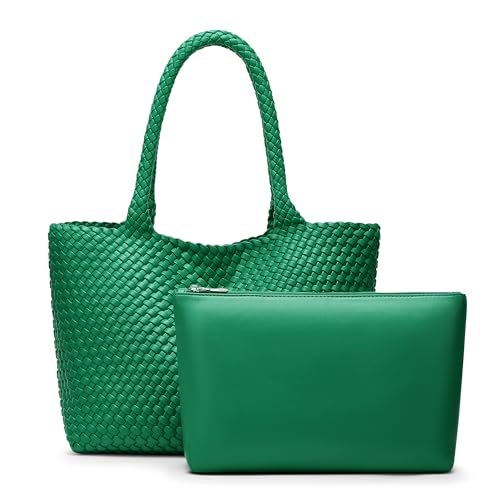 Sumrains Woven Tote Bag for Women: Handwoven Vegan Leather Bag with Detachable Clutch for Effortless Vacation Outfits (Forest Green)
