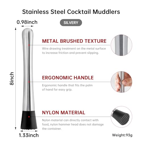 8 Inch Stainless Steel Cocktail Muddler and Mixing Spoon Home Bar Tool Set - Create Delicious Mojitos Old Fashioned/Mint Julep/Other Fruit Based Drinks (Silver)