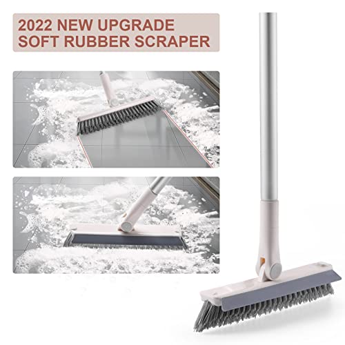 Grout Brush With Long Handle, 2 In 1 Floor Scrub Brush With Squeegee, Shower Scrubber Cleaner Swivel Stiff Bristle For Cleaning Baseboards Tile Floors Bathroom Wall #TOP1