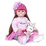 RXDOLL 61 cm Reborn Kleinkind Puppen Mädchen weiches Silikon Vinyl lebhaft süße Kleinkind Reborn Puppe rosa Outfit mit Zubehör für Kinder Geburtstagsgeschenke (61 cm Mädchen Rose Pink Kleid)