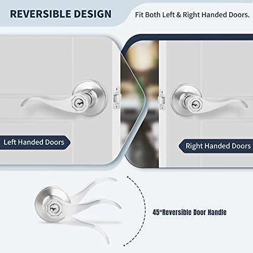 Loqron Wave Style Door Lever Keyed Entry Door Handle With Lock, Entrance Lever Reversible For Left/Right Handed For Office Or Front Door With Satin Nickel Finish, 1 Pack #TOP4