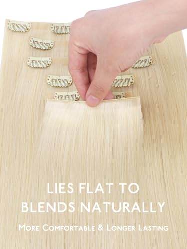Image of WENNALIFE Invisible Edge Seamless Clip in Hair Extensions Real Human Hair | 16'' 130g 7pcs White Blonde. Ultra-Thin PU Weft, Easy, Comfortable Clip in Luxury Remy Hair Extensions