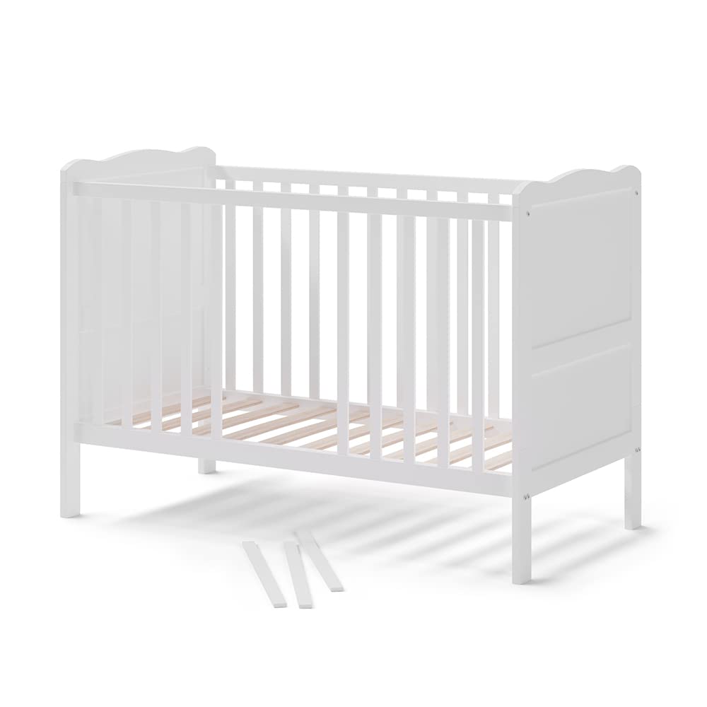 VitaliSpa Lit bébé Tobi, Blanc, 60x120 cm | avec sommier à lattes réglable en hauteur et côtés à barreaux amovibles