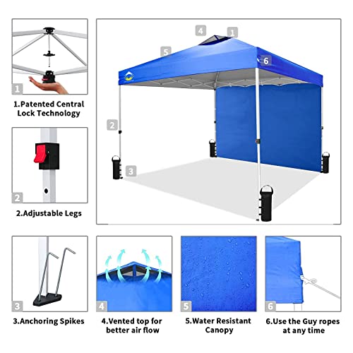 Crown Shades 10X10 Pop Up Canopy Instant Commercial Canopy With 1 Removable Sidewall,4 Ropes & 8 Stakes & 4 Weight Bags,Sto'n And Go Bag, Blue #TOP3